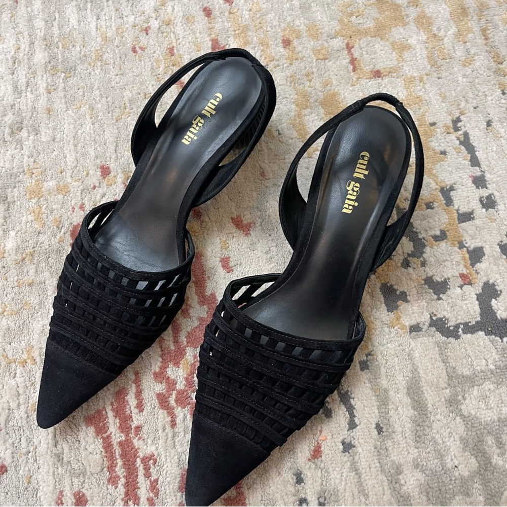 Cult Gaia Keri Black Pointed Toe Slingback Ball Heel Suede Pumps - Picture 7 of 11